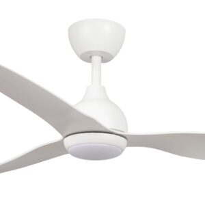 Close-up of white Whisper IP66 DC ceiling fan with LED, 52-inch