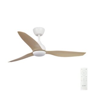 Claro Whisper IP66 DC Outdoor Ceiling Fan with LED Light - White with Timber Style ABS Blades 52"