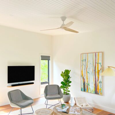 Fanco Infinity-ID White with Beechwood Blades in Modern Living Room