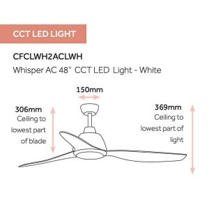 Claro Whisper AC Ceiling Fan with CCT LED Light & Wall Control – White 48" - Image 2